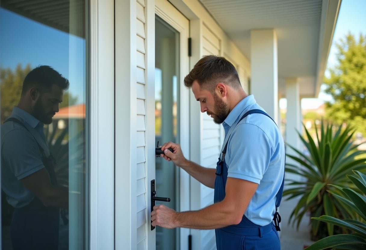 Locksmith fitting a new lock to a coastal cottage door — Ryde